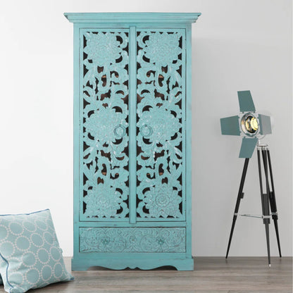 Light Blue Painted Armoire - Solid Wood Wardrobe for Beach House Styles Armoire - Bone Inlay Furnitures
