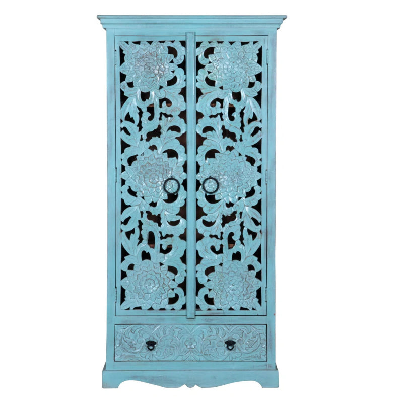 Light Blue Painted Armoire - Solid Wood Wardrobe for Beach House Styles Armoire - Bone Inlay Furnitures