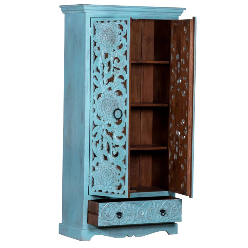 Light Blue Painted Armoire - Solid Wood Wardrobe for Beach House Styles Armoire - Bone Inlay Furnitures