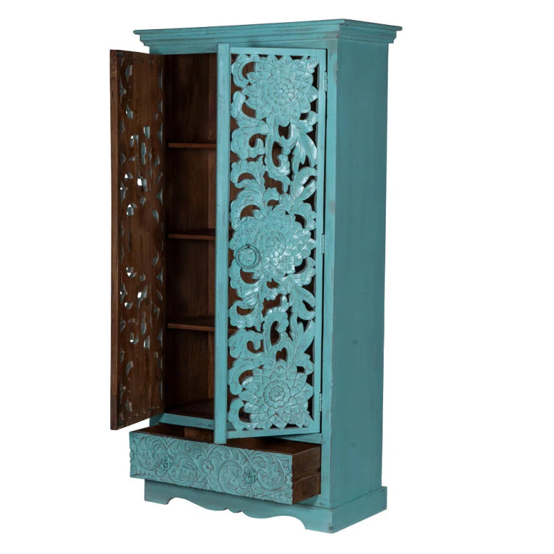 Light Blue Painted Armoire - Solid Wood Wardrobe for Beach House Styles Armoire - Bone Inlay Furnitures