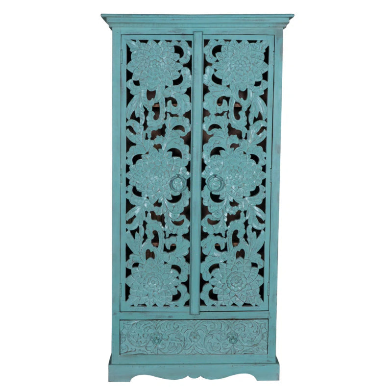 Light Blue Painted Armoire - Solid Wood Wardrobe for Beach House Styles Armoire - Bone Inlay Furnitures