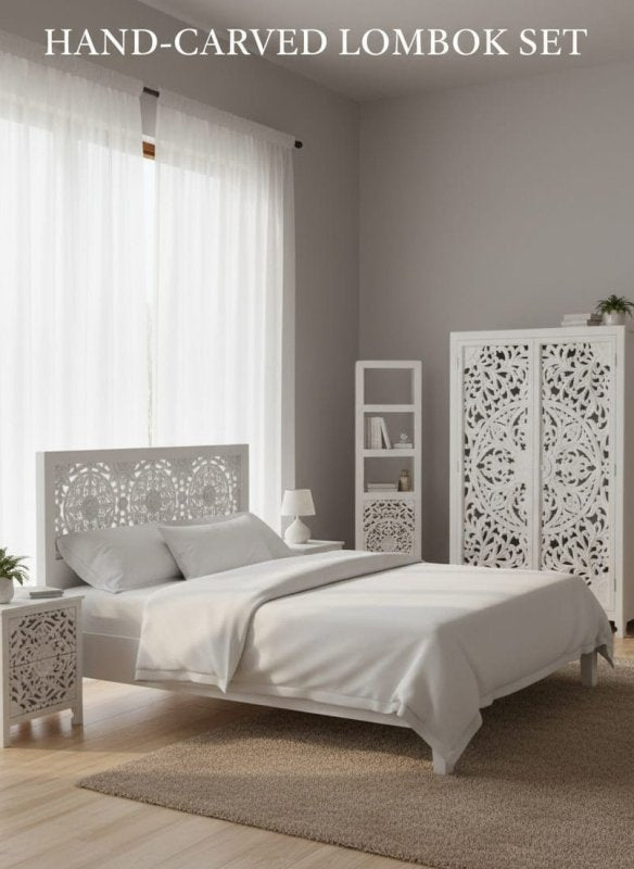 Lombok Hand - Carved Solid Wood White Bedroom Set Bedroom Set - Bone Inlay Furnitures