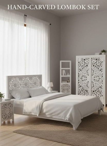 Lombok Hand - Carved Solid Wood White Bedroom Set Bedroom Set - Bone Inlay Furnitures