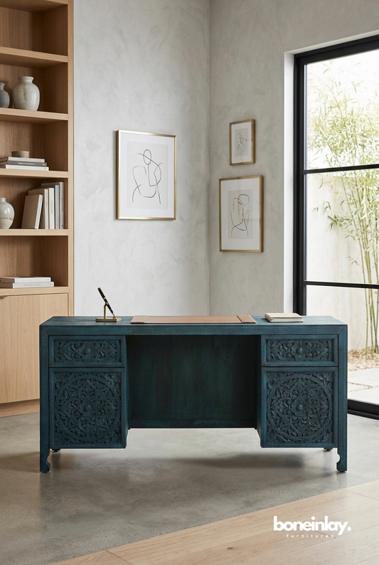 Hand Carved Black Executive Office Desk with Mandala Panel Storage