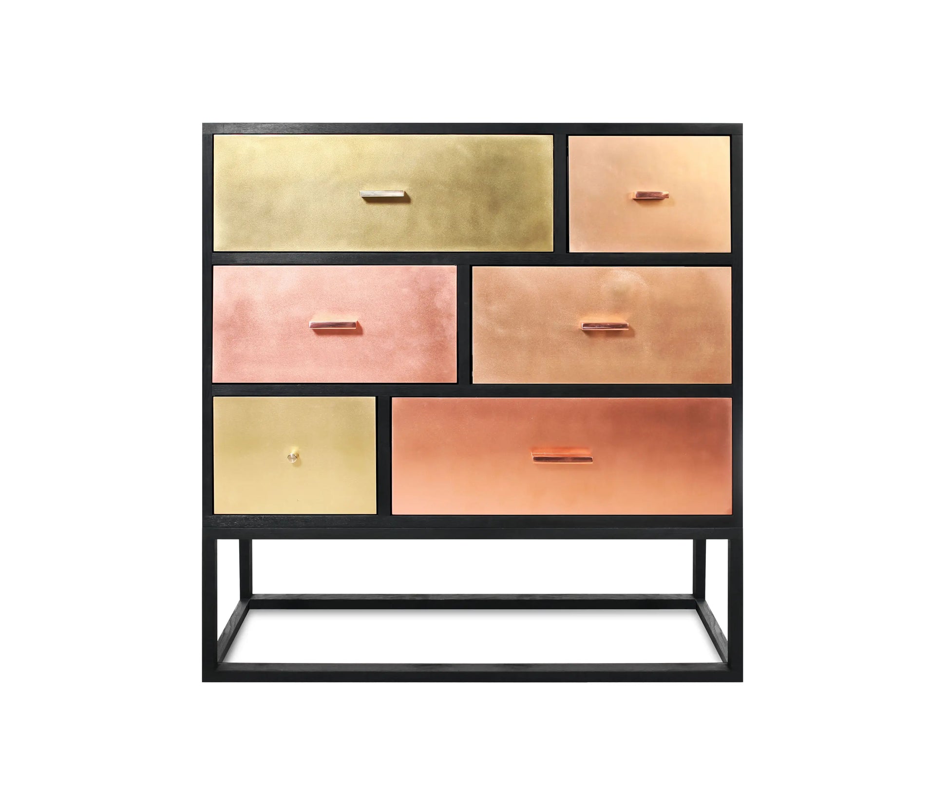 Modern six-drawer patchwork credenza featuring a black frame and asymmetrical drawer fronts clad in brushed gold, rose gold, and copper on a square metal base.