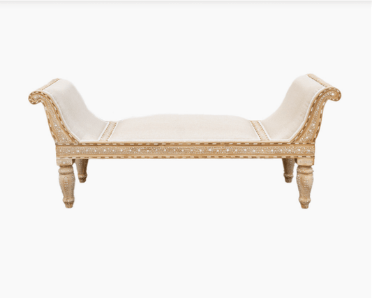 Luxurious Bone Inlay Daybed/Bench - Light Teak Wood and White Upholstery Daybed - Bone Inlay Furnitures