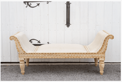 Luxurious Bone Inlay Daybed/Bench - Light Teak Wood and White Upholstery Daybed - Bone Inlay Furnitures