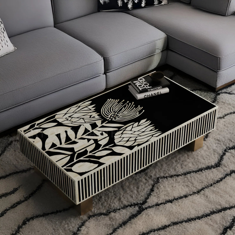 Luxury rectangular bone inlay coffee table with floral tulip design, black and white handmade mango wood furniture for stylish interiors