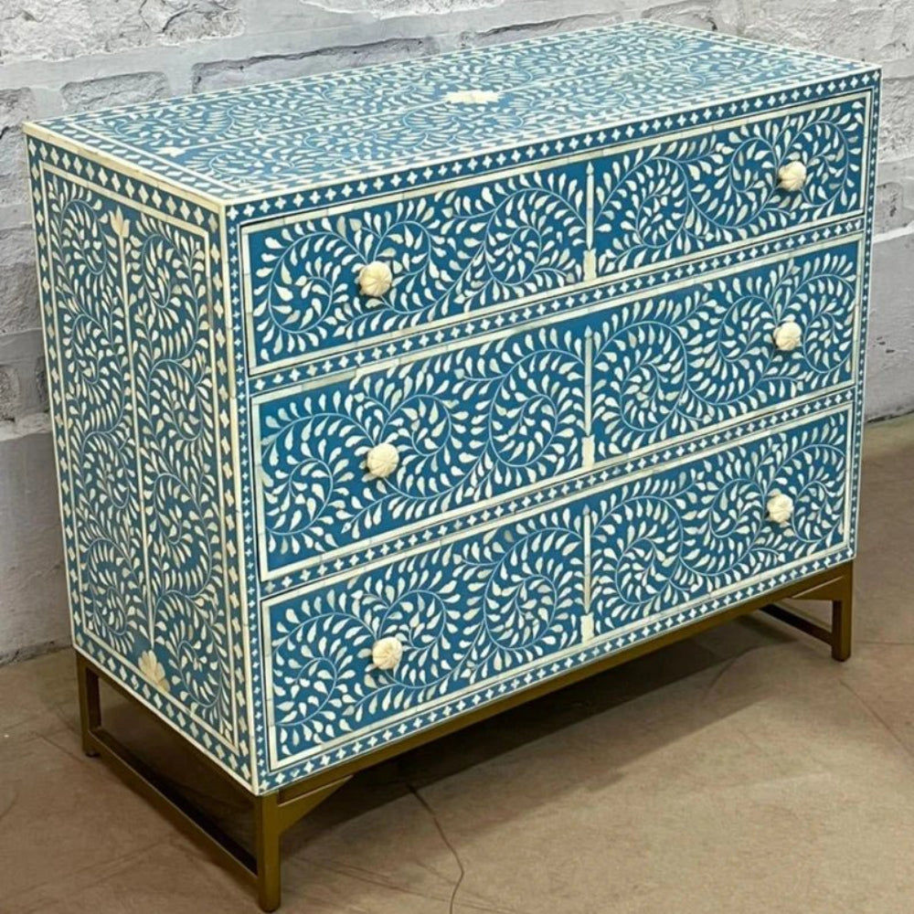 Handmade bone inlay dresser with three drawers in turquoise blue spiral design, white inlay detailing and antique brass metal stand