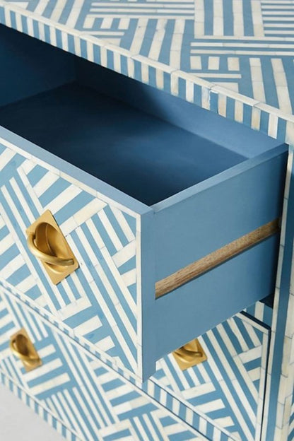 Detail perspective of the large blue optical bone inlay 9-drawer dresser highlighting the geometric stripe inlay work, brass hardware finish, and solid wood construction.