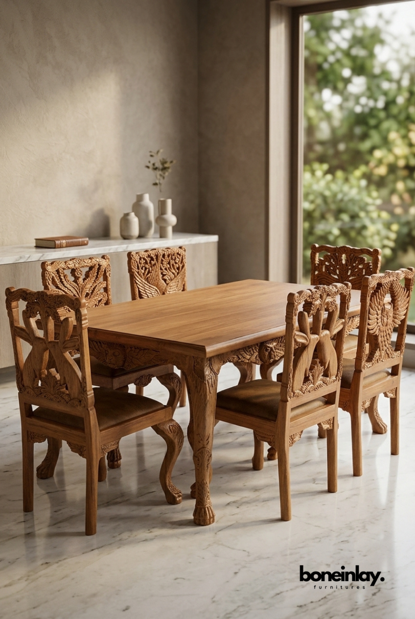 A luxurious hand-carved solid wood dining set featuring a menagerie of animal motifs on the chair backrests and table aprons, set in a bright, modern interior.