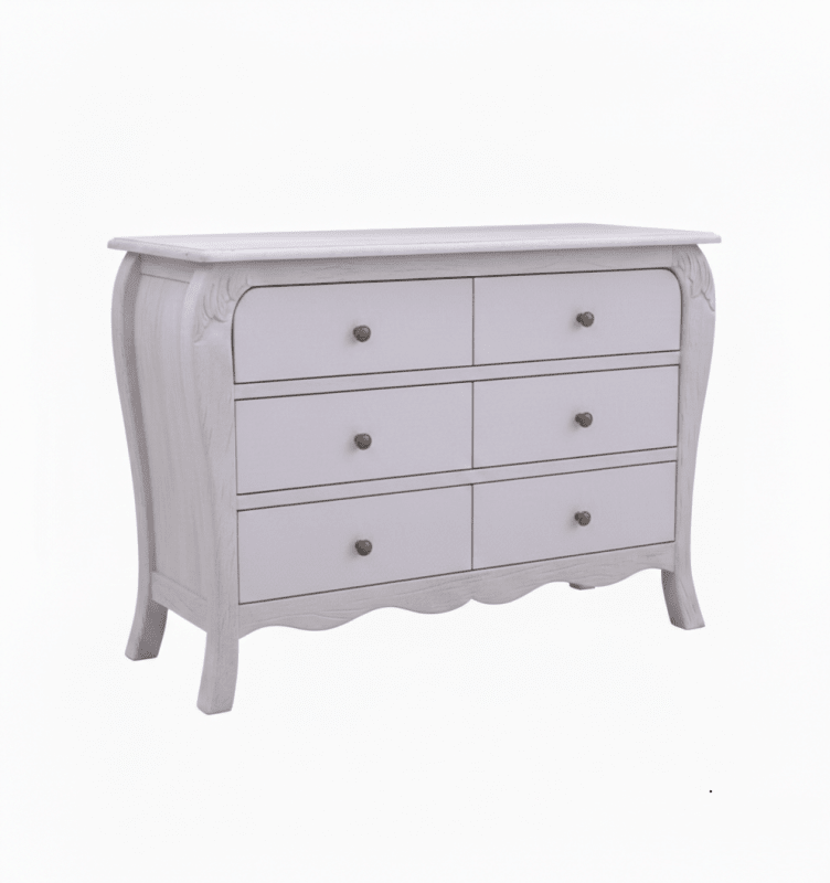 The Menagerie wide chest of drawers, designed with a sophisticated bowed front and a decorative scalloped base. The piece features six spacious drawers with classic round metal pulls and a muted lavender-grey patina that highlights the wood’s natural grain and the collection’s neo-deco influence.