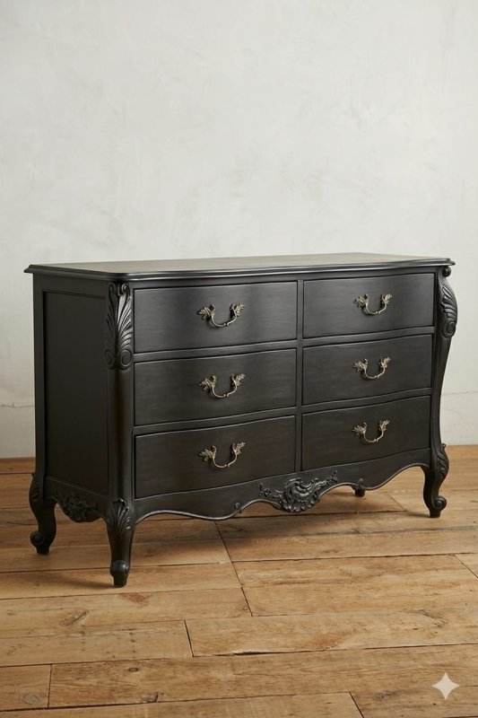 The Menara six-drawer dresser in a matte black finish, designed with a curved "bombé" front and ornate carvings that emphasize a "Quiet Luxury" aesthetic.