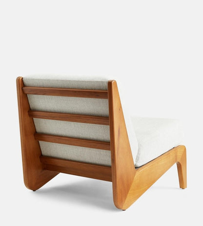 Mid-century Fletcher accent chair with a curved solid wood frame, open armless design, and tailored neutral upholstery.