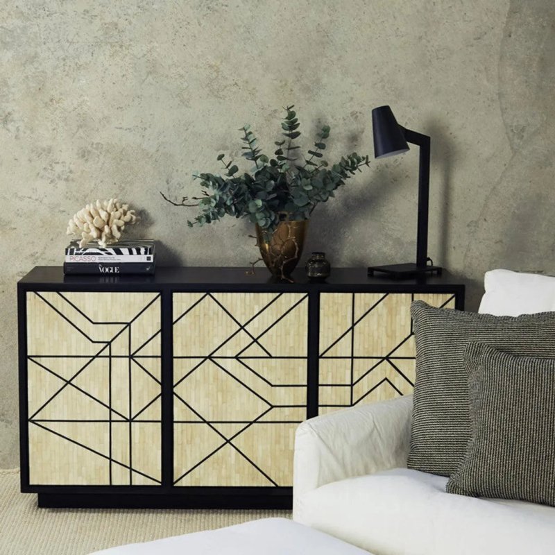 Modern Handmade Bone Inlay Sideboard With Marcello Geometric Pattern, Two Doors—Luxury Furniture Buffet & Sideboard - Bone Inlay Furnitures