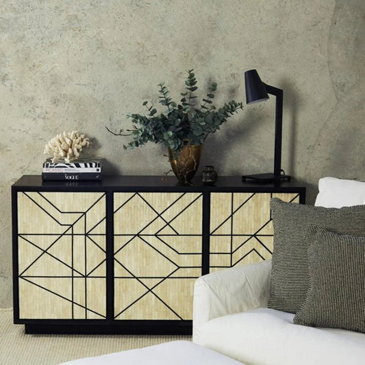 Modern Handmade Bone Inlay Sideboard With Marcello Geometric Pattern, Two Doors—Luxury Furniture Buffet & Sideboard - Bone Inlay Furnitures