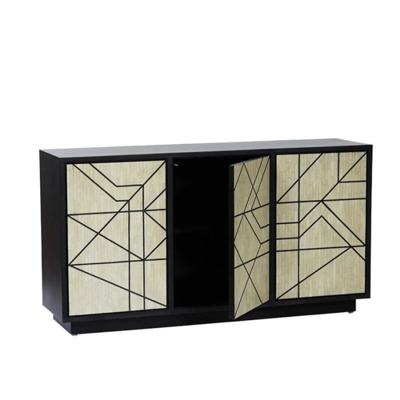Handmade bone inlay geometric sideboard with center door open revealing dark interior shelves, cream inlay panel doors with black frame on white background