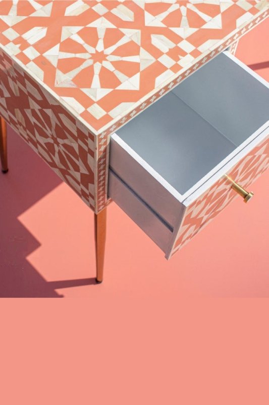 Moroccan Bone Inlay Work Desk with Storage in Orange | Luxury Laptop Desk with 2 Drawers Desk - Bone Inlay Furnitures