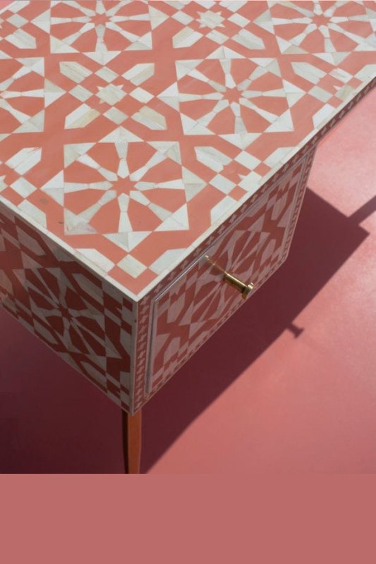 Moroccan Bone Inlay Work Desk with Storage in Orange | Luxury Laptop Desk with 2 Drawers Desk - Bone Inlay Furnitures