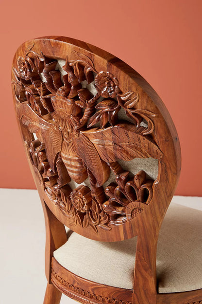 Natural Hand carved Bee Design Dining Chair Indian Wooden Chair Dining Chair - Bone Inlay Furnitures