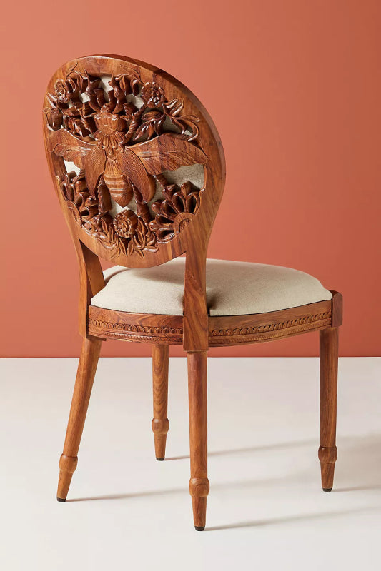 Natural Hand carved Bee Design Dining Chair Indian Wooden Chair Dining Chair - Bone Inlay Furnitures