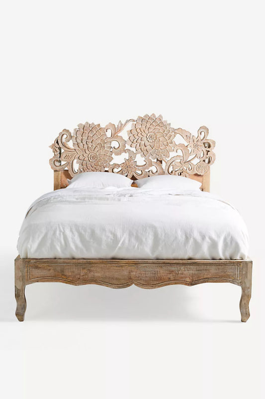 Natural Hand Carved Lotus Platform Bed with Headboard | Handmade Indian Wooden Bed Beds & Bed Frames - Bone Inlay Furnitures