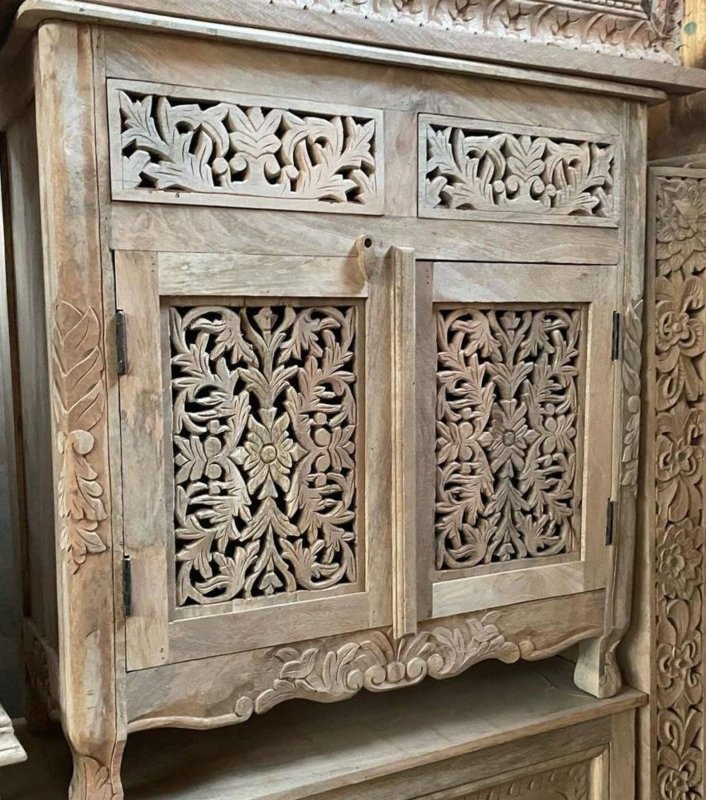 Natural Hand Carved Solid Wooden with Two Doors and Two Drawers Entryway Cabinet Cabinet - Bone Inlay Furnitures