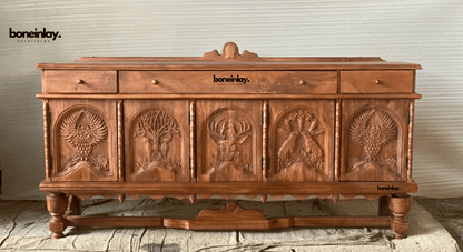 Interior shelf storage of hand-carved Menagerie natural wood five door buffet sideboard cabinet