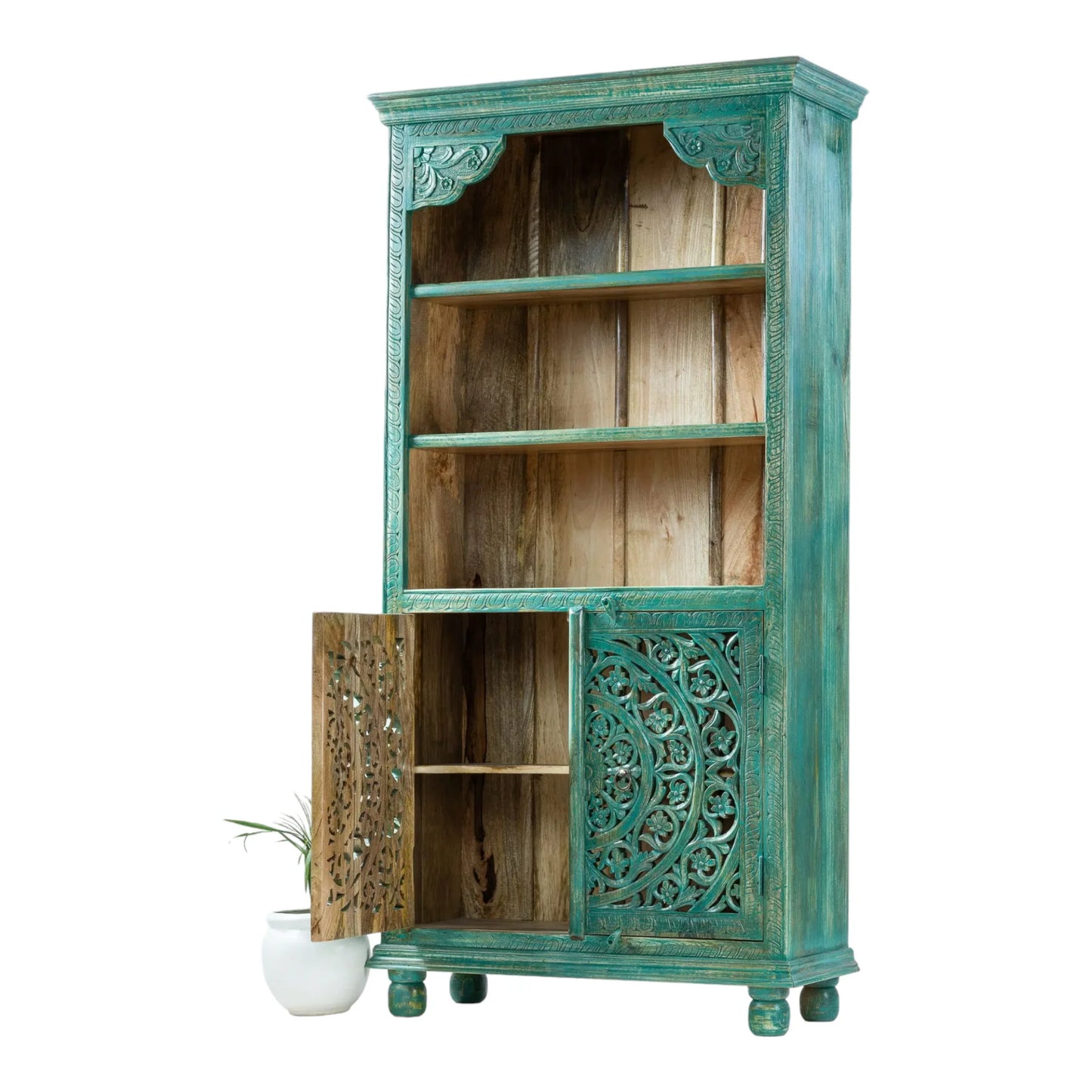 Hand Carved Green Color Bookcase Open Display Cabinet with Three Shelf and Two door Bookshelf