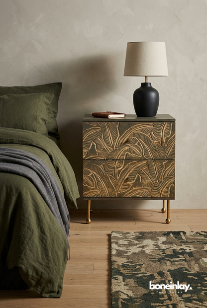 Modern Tropical Carved Wood Nightstand with Brass Legs