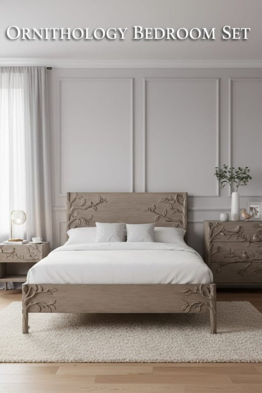 Ornithology Hand Carved Natural Wooden Bedroom Set Bedroom Set - Bone Inlay Furnitures