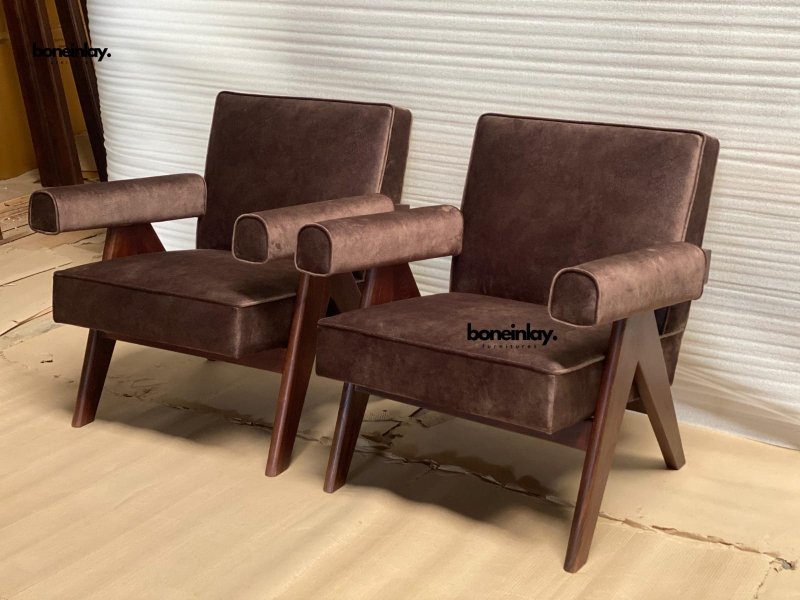 Pierre Jeanneret Inspired Armchair - Upholstered Seating Sofa Chair - Bone Inlay Furnitures