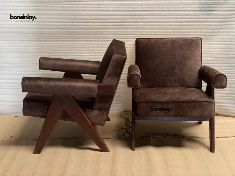 Pierre Jeanneret Inspired Armchair - Upholstered Seating Sofa Chair - Bone Inlay Furnitures