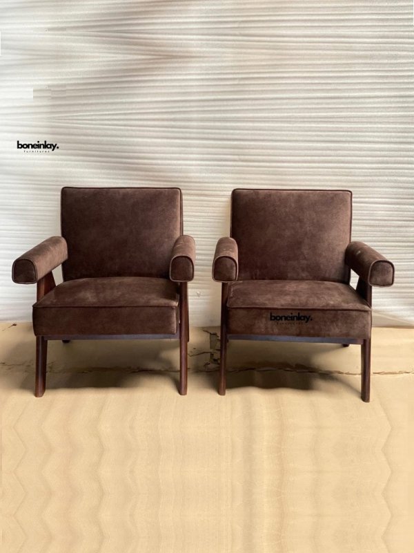 Pierre Jeanneret Inspired Upholstered Armchair Sofa Chair - Bone Inlay Furnitures