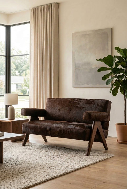 Pierre Jeanneret-inspired .X-Leg Sofa with padded armrests and angled solid wood legs in a bright living room