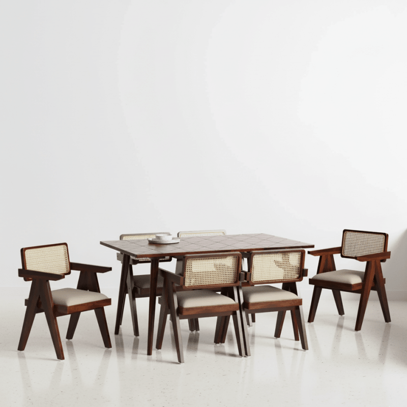 Pierre Jeanneret Wooden Cane Dining Table Set in Teak Wood - 4/6 Seater Dining Table And Chair Set - Bone Inlay Furnitures