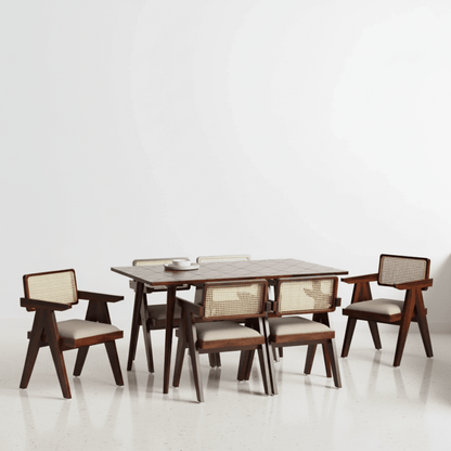 Pierre Jeanneret Wooden Cane Dining Table Set in Teak Wood - 4/6 Seater Dining Table And Chair Set - Bone Inlay Furnitures