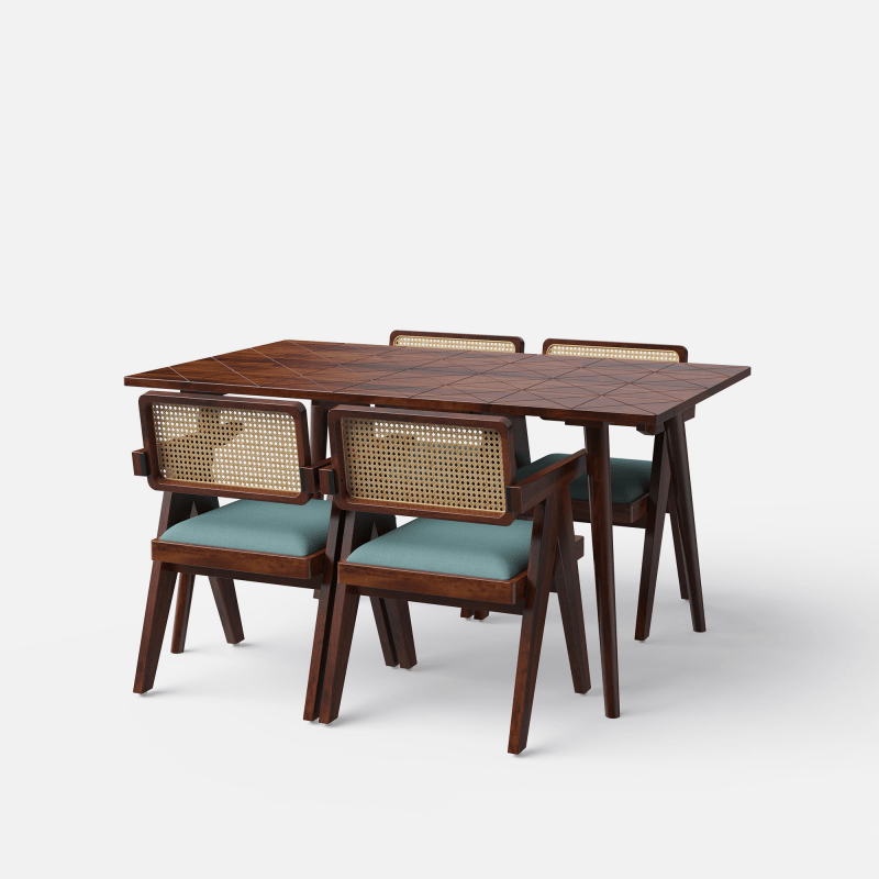 Pierre Jeanneret Wooden Cane Dining Table Set in Teak Wood - 4/6 Seater Dining Table And Chair Set - Bone Inlay Furnitures