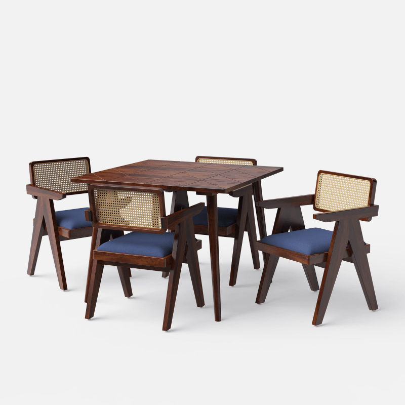 Pierre Jeanneret Wooden Cane Dining Table Set in Teak Wood - 4/6 Seater Dining Table And Chair Set - Bone Inlay Furnitures