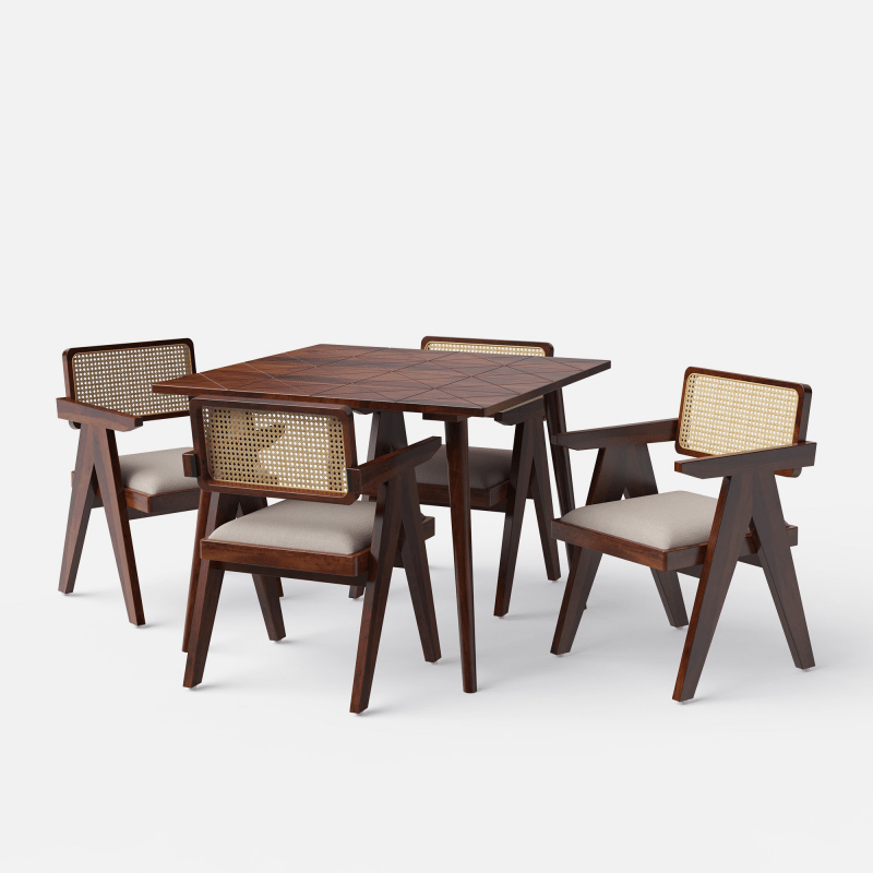 Pierre Jeanneret Wooden Cane Dining Table Set in Teak Wood - 4/6 Seater Dining Table And Chair Set - Bone Inlay Furnitures
