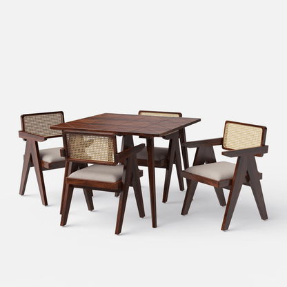 Pierre Jeanneret Wooden Cane Dining Table Set in Teak Wood - 4/6 Seater Dining Table And Chair Set - Bone Inlay Furnitures