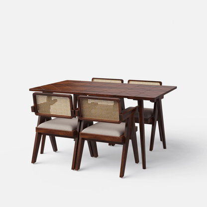 Pierre Jeanneret Wooden Cane Dining Table Set in Teak Wood - 4/6 Seater Dining Table And Chair Set - Bone Inlay Furnitures
