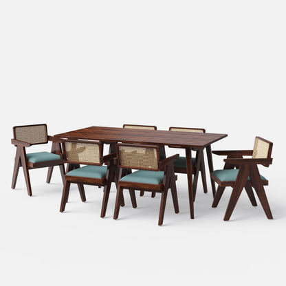 Pierre Jeanneret Wooden Cane Dining Table Set in Teak Wood - 4/6 Seater Dining Table And Chair Set - Bone Inlay Furnitures