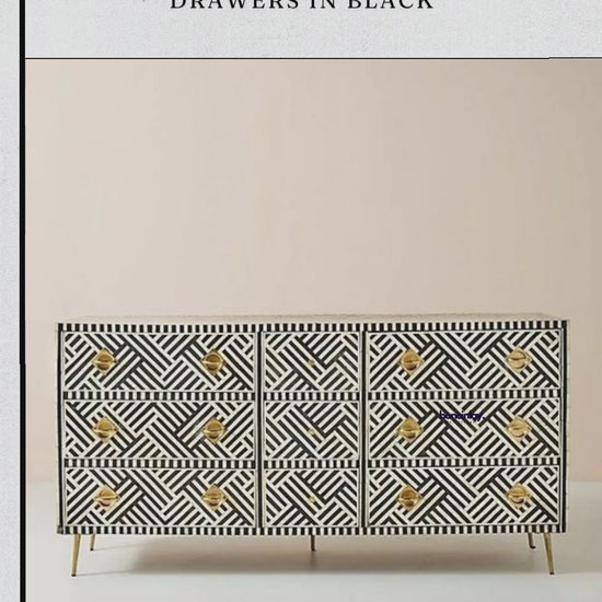 The video showcases a Bone Inlay Optical Inlay Chest of 9 Drawers in Black. It features a striking monochrome geometric pattern with gold-finished hardware and slim metal legs. The video highlights the craftsmanship by showing the drawers opening to reveal a contrasting teal interior.