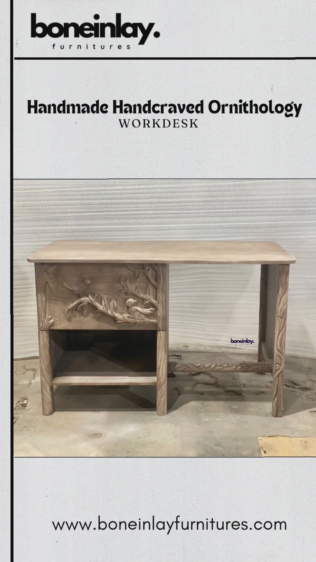 This video showcases a meticulously handcrafted Ornithology Workdesk made from solid wood with a light natural finish. The camera highlights the intricate hand-carved birds and floral branches on the desk's single drawer and side panel, as well as the smooth, spacious tabletop and open lower storage shelf. Final frames detail the high-quality wood grain and seamless drawer operation, ending with promotional text for worldwide delivery and customization.