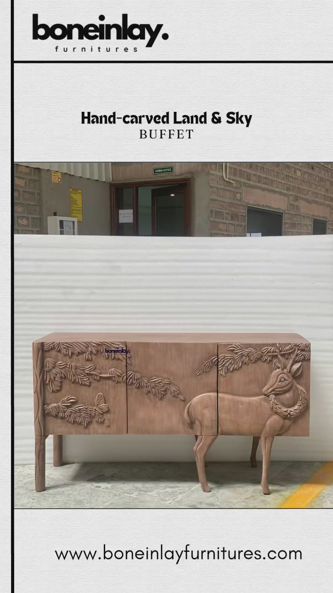A hand-carved wooden land & sky buffet cabinet featuring an intricate, raised relief design of a detailed deer standing among pine branches and butterflies. The three-door storage unit stands on four elegant legs, showcasing natural wood grain textures with built-in interior shelving. It is presented both in a workshop setting and styled in a cozy room under a classic landscape painting.