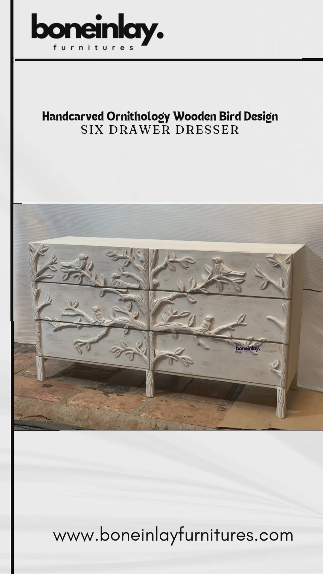 A wide six-drawer wooden dresser with a distressed whitewash finish. The entire front facade is covered in an intricate hand-carved relief design of birds on tree branches. The piece features a clean rectangular shape and sits on short, square-tapered legs, blending organic art with functional furniture design.