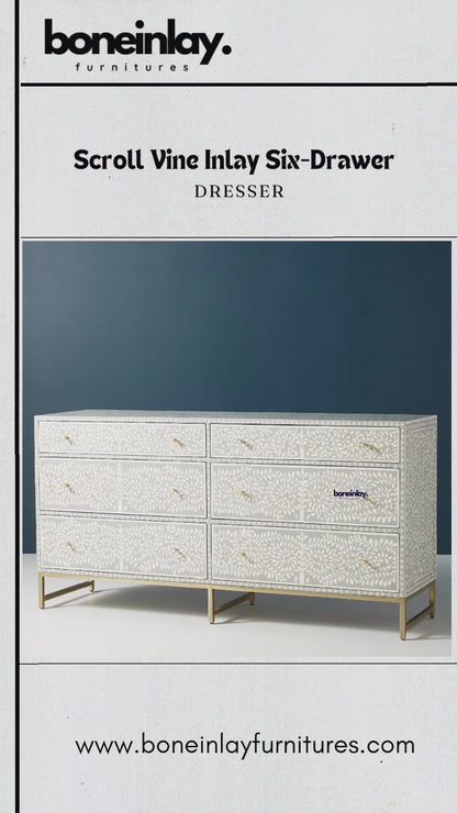 Handmade Bone Inlay Spiral Leaf Pattern Chest of Six Drawers Dresser