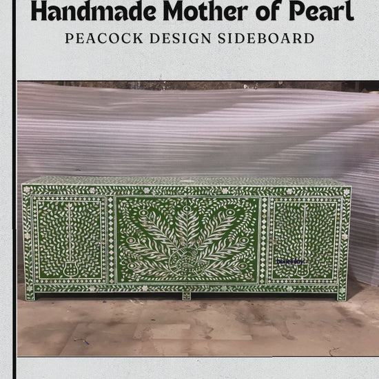 Video showcasing green mother of pearl peacock design large credenza sideboard cabinet, handmade Indian luxury furniture
