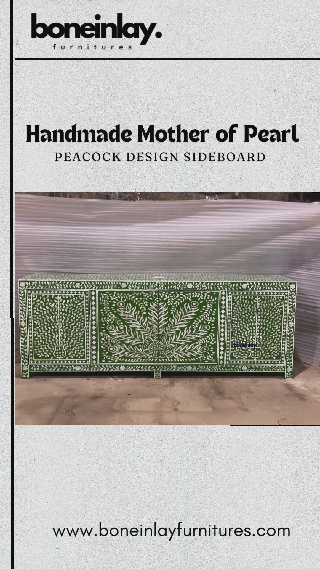 Video showcasing green mother of pearl peacock design large credenza sideboard cabinet, handmade Indian luxury furniture